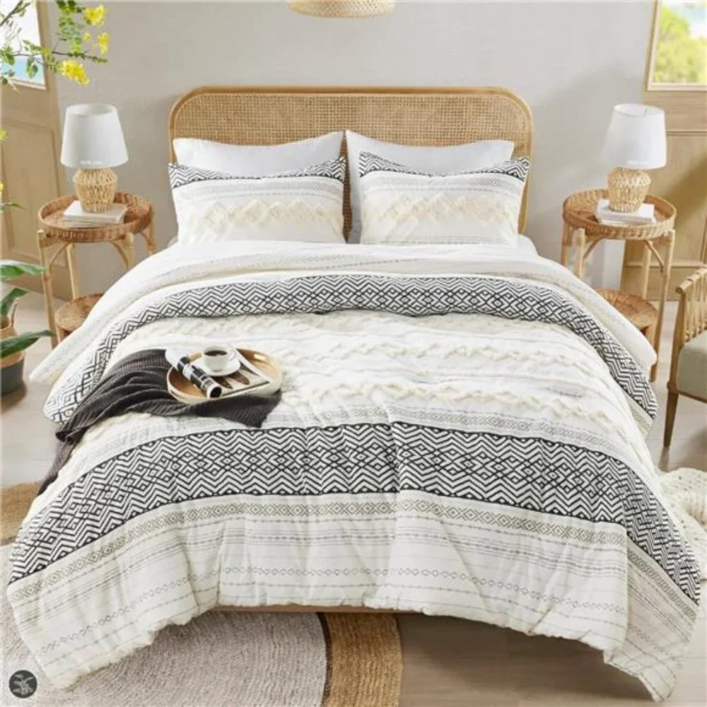 Farmhouse Bedding Comforter Sets, Ivory Full/Queen Size Boho Bed Set,Cotton